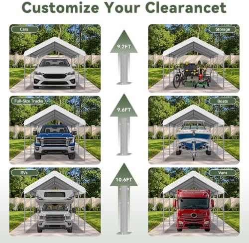Aoxun 10x20 ft Heavy Duty Carport, Adjustable Height Portable Garage, White