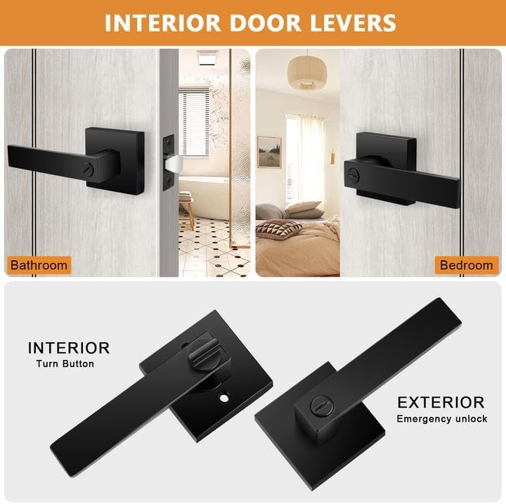 Probrico Matte Black Interior Door Handles, Privacy Square Bed & Bath Lev...