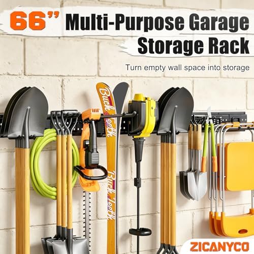 Garage Tool Organizer Wall Mount 66 inches with 13 Adjustable Heavy-Duty Hook...