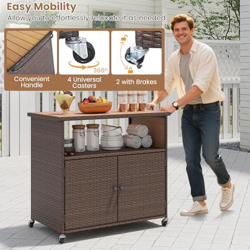 Tangkula Rattan Outdoor Storage Cabinet with 4 Wheels (Mix Gray)
