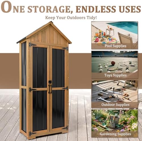 Outdoor Storage Cabinet Waterproof, Outdoor Storage Shed with Shelves, Wood &...