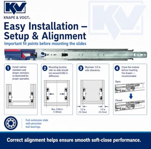 Knape & Vogt Side Mount Soft-Close Drawer Slide, Pair, Inch