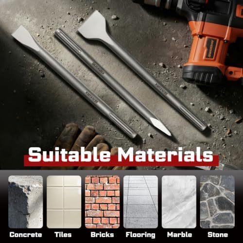 GEINXURN SDS MAX Chisels, 7PCS 12-Inch Long Masonry Chisel Bit Set, 40Cr Stee...