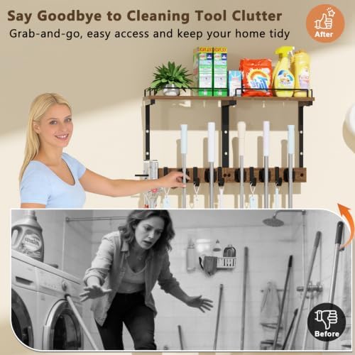 Broom and Mop Organizer Wall Hanging with Cleaning Supplies Organizer,Brown