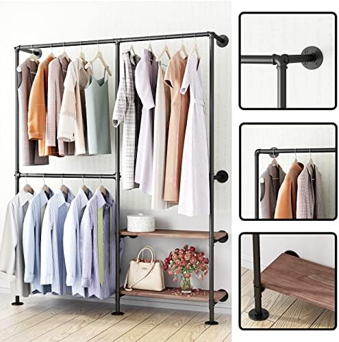 Industrial Pipe Clothes Racks with Black Shelves, Industrial Pipe Black Cloth...