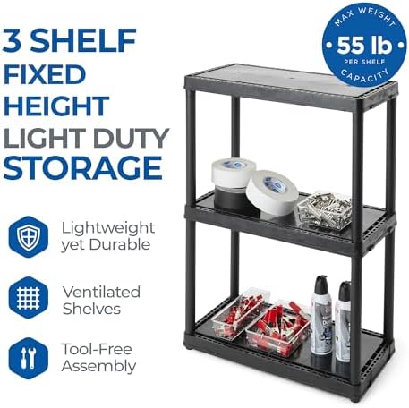 Gracious Living 33 Inch Heavy Duty 3-Shelf Light Duty Storage Shelf, Easy Ass...