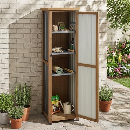 Tall Outdoor Storage Cabinet, Weatherproof Wooden Garden Potting Bench with M...