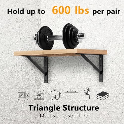 Heavy Duty Shelf Brackets, 12 x 8 Inch Black Metal L Brackets, 6 Pack