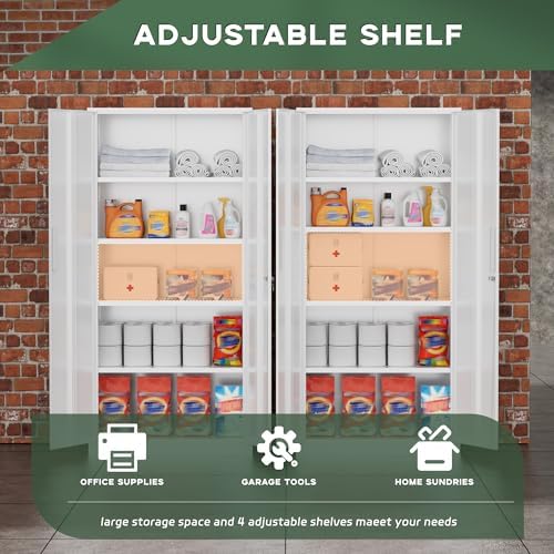 Greenvelly White Metal Storage Cabinet for Garage, 72” Steel Locking Cabinet ...