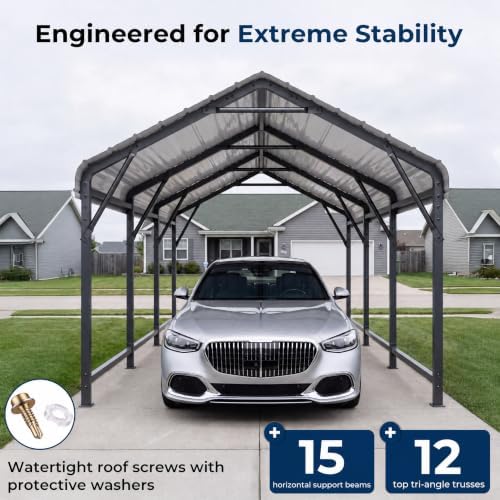HOMSHADE 10x15FT Heavy Duty Metal Carport with 132° Steep Anti-Pooling Roof