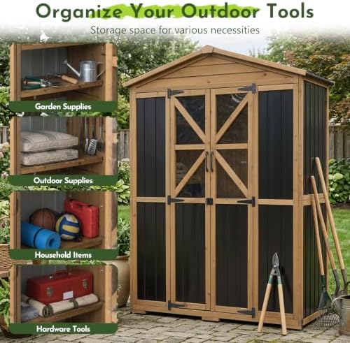 Outdoor Wooden Storage Shed Cabinet with 6 Adjustable Shelves