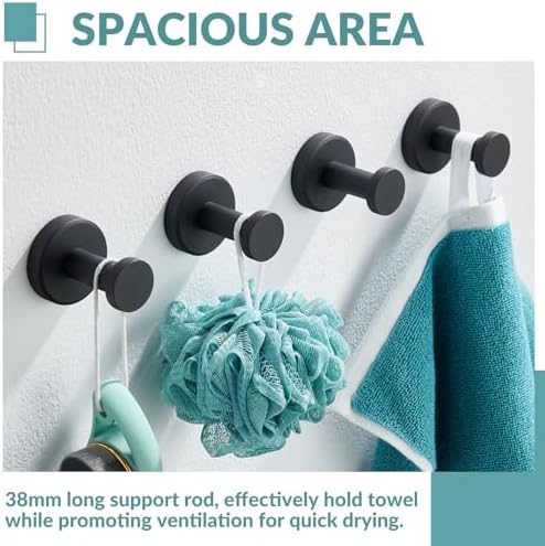 APLusee Matte Black Towel Hooks for Bathroom Storage, 4 Pack, Wall Mounted