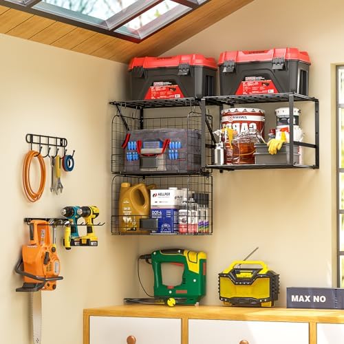 ThreeHio Garage Shelf Wall Mounted with Wire Baskets, Heavy Duty Garage Wall ...