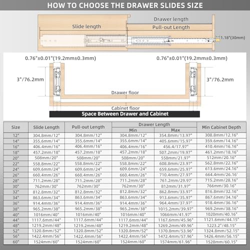 1 Pair Heavy Duty Drawer Slides with Lock 18 20 22 24 26 28 30 32 34 36 38 40 44 48 52 56 60 Inch 500 lb Load Capacity Side Mount Full Extension Ball Bearing Rail, 40 inch