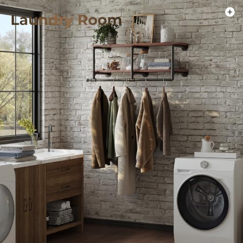 Industrial Pipe Clothing Rack with Top Shelf, Space-Saving Wall Mounted Cloth...