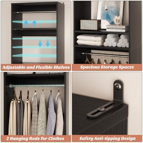 Unikito 25" Closet Organizer System with Hanging Rods and Shelves, Black
