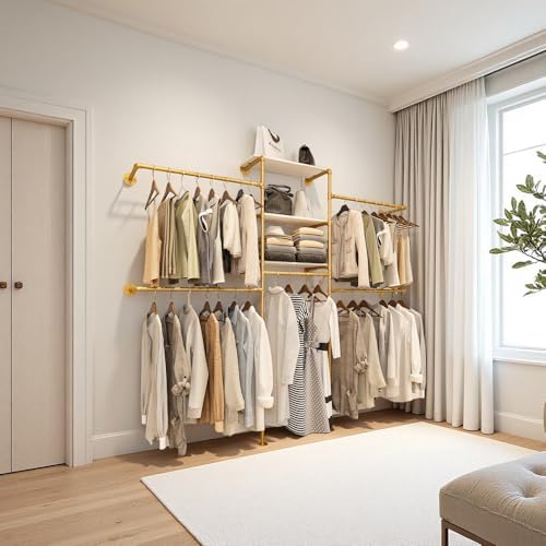 KaKaBB Heavy Duty Gold Pipe Clothing Rack - Wall Mounted Industrial Clothes R...