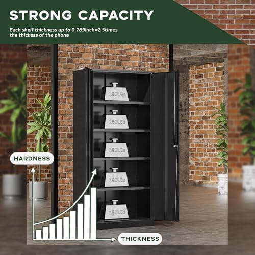 Greenvelly Metal Cabinet, 72” Black Tool Steel Locking Cabinet with Doors and...