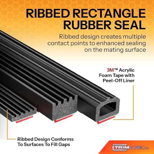 TRIM-LOK Ribbed Rectangle Rubber Seal with High Tack Tape, 0.187-Inch Height,...