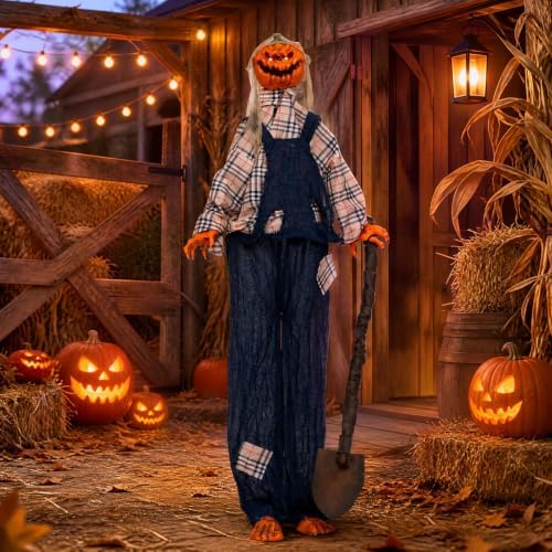 Tangkula 5.3 FT Animated Halloween Standing Pumpkin Scarecrow with Shovel