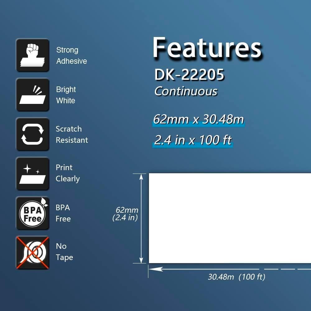 BETCKEY Replace for Brother DK-2205 2.4in x 100ft Continuou Labels[10 Roll]