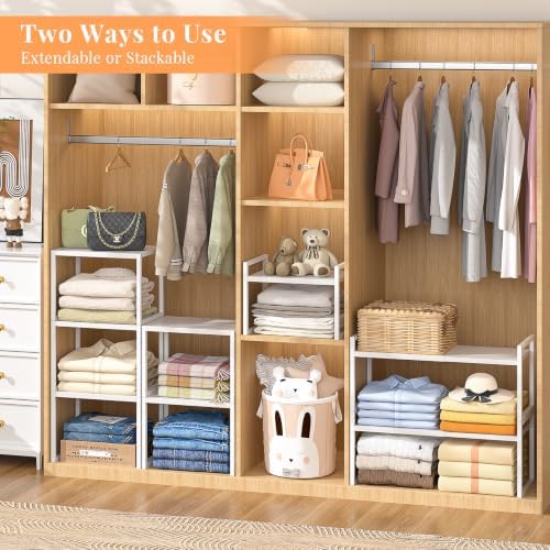 ThreeHio 2 Pack Stackable Closet Organizers and Storage Shelves, Expandable M...
