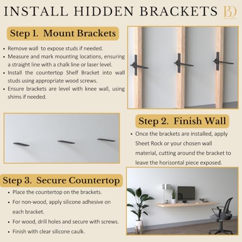 12 inch Floating Countertop Support Brackets by Balin Designs, Free hanging F...