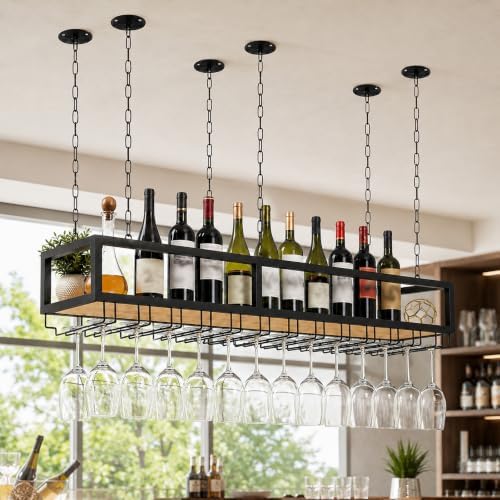 Ceiling Wine Glass Rack with Glass Holder, 55.1in Metal Hanging Bar Shelf