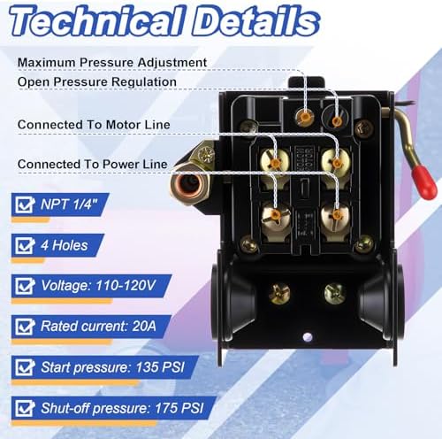 Dreyoo Air Compressor Pressure Switch,135-175 PSI, 4 Port, 20 Amp, 1/4 NPT