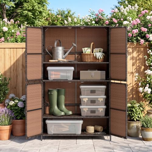 Tangkula Rattan Outdoor Storage Cabinet with 2 Adjustable Shelves