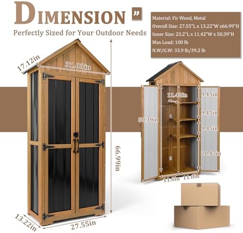 Outdoor Storage Cabinet Waterproof, Outdoor Storage Shed with Shelves, Wood &...