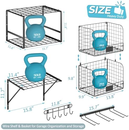ThreeHio Garage Shelf Wall Mounted with Wire Baskets, Heavy Duty Garage Wall ...