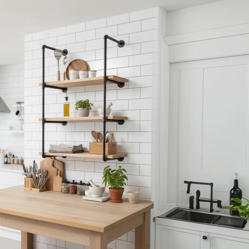 4-Tier Industrial Pipe Shelving Bracket System, Black Iron Wall Mount, DIY Ru...