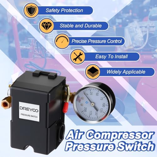 Dreyoo Air Compressor Pressure Switch, 135-175 PSI, 4 Port Plug Fitting Kit