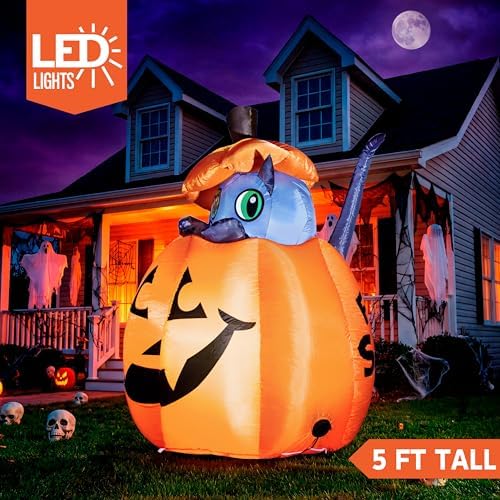 Joiedomi 5 FT Animated Pumpkin Inflatables, Outdoor Blow Up Cat On Pumpkin wi...