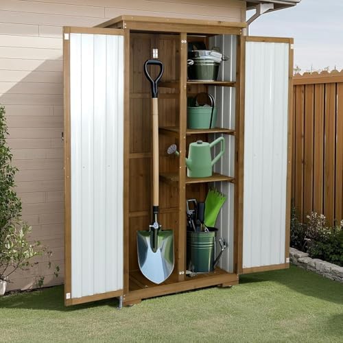 Outdoor Storage Cabinet with Shelf, Wood & Metal Storage Shed with Waterp...