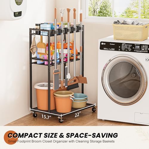 Broom Holder with Cleaning Supplies Organizer, Broom Closet Storage Cabinet w...