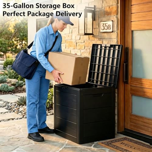 35 Gallon deck box outdoor waterproof, Resin Outdoor Storage, Black