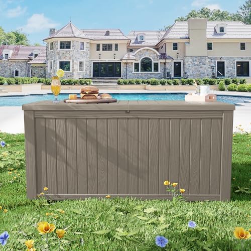Outdoor Storage Box Waterproof, 200 Gallon Lockable Resin Large Deck Box, Pat...