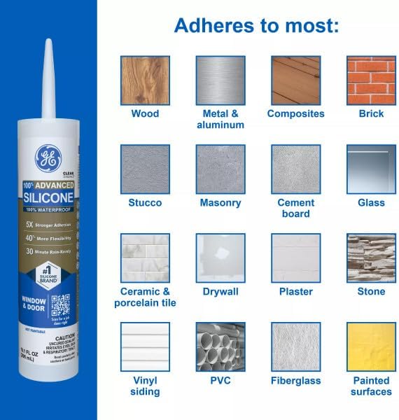 GE Advanced Silicone Caulk for Window & Door, Clear, 10 fl oz Cartridge, ...