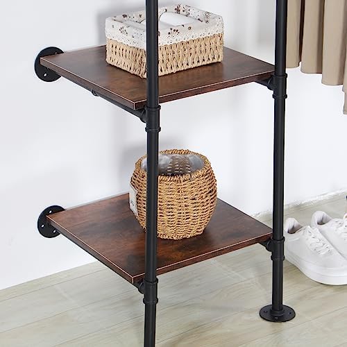 Industrial Pipe Clothing Rack with Shelves, 71inch Wall Mounted Closet Storag...