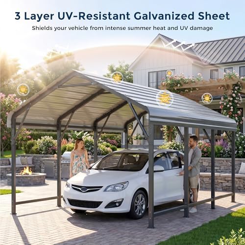 HOMSHADE 10x15FT Heavy Duty Metal Carport with 132° Steep Anti-Pooling Roof