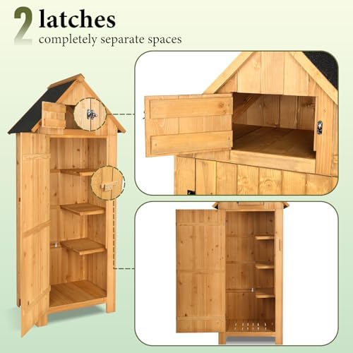 VINGLI Outdoor Wooden Storage Shed, Garden Shed Outside Tool Cabinet with Saf...