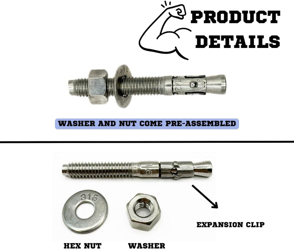 MIGHTY FASTENERS Premium 316 Stainless Steel Wedge Anchor, 1/2"-13 X 6 –...