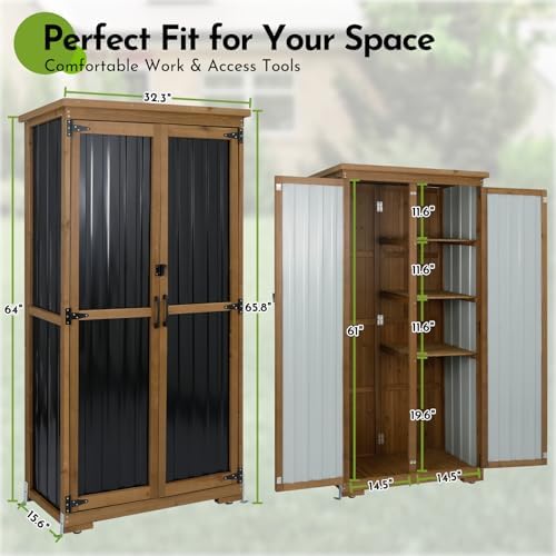 Outdoor Storage Cabinet with Shelf, Wood & Metal Storage Shed with Waterp...