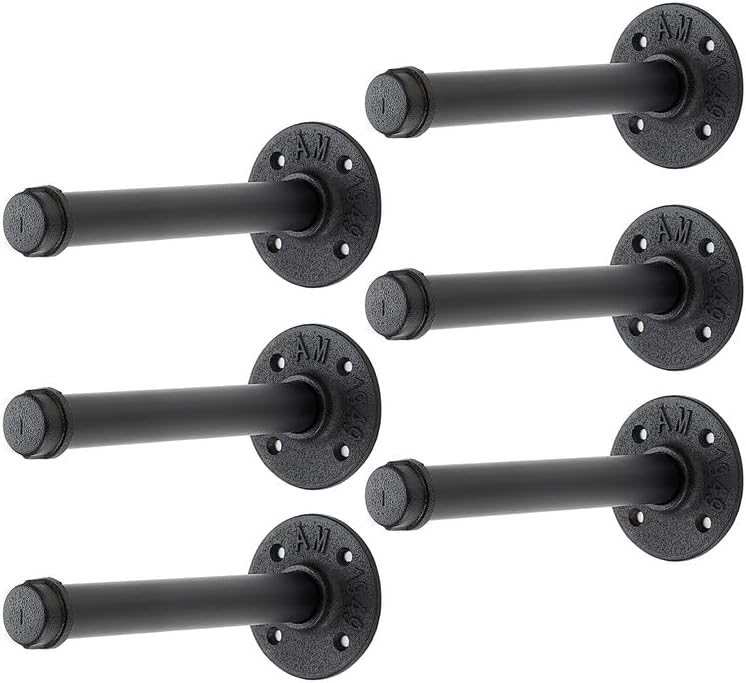 6 Inch Black Industrial Pipe Floating Clothing Rack Wall Mounted, 6 Pack