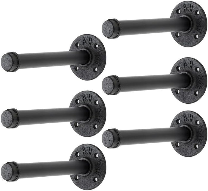 6 Inch Black Industrial Pipe Floating Clothing Rack Wall Mounted, 6 Pack