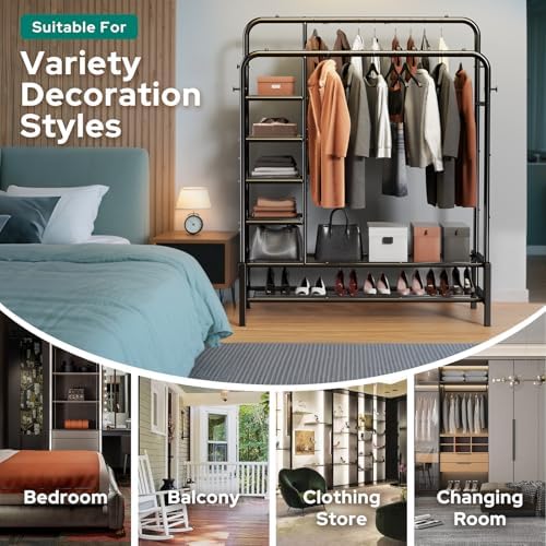Clothes Rack with Shelves, Double Rods Clothing Rack for Bedroom, Black