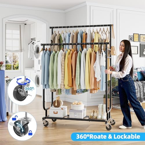Ekisemio Heavy Duty Clothes Rack, Rolling Clothing Rack With Shelves Load 450...