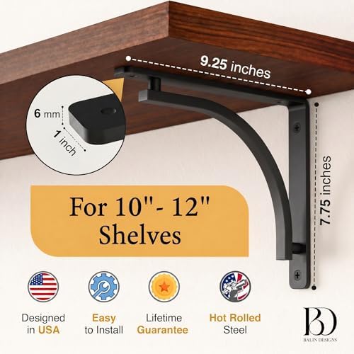 Classic Black Heavy Duty Shelf Brackets 10 inch by Balin Designs – L Bracket,...
